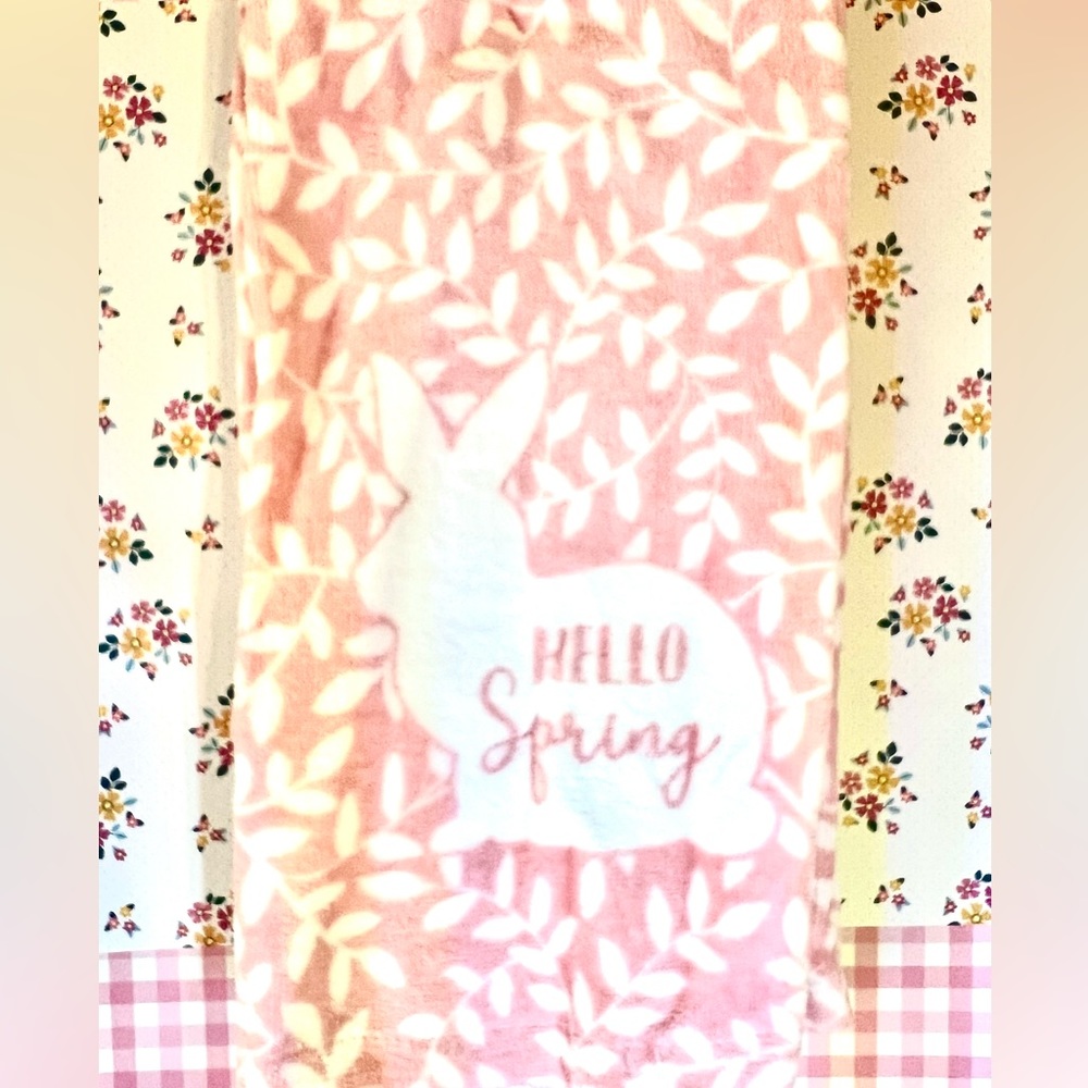 Set of 2 Hello Spring Kitchen Towels Bunny Rabbit Silhouette Light Pink